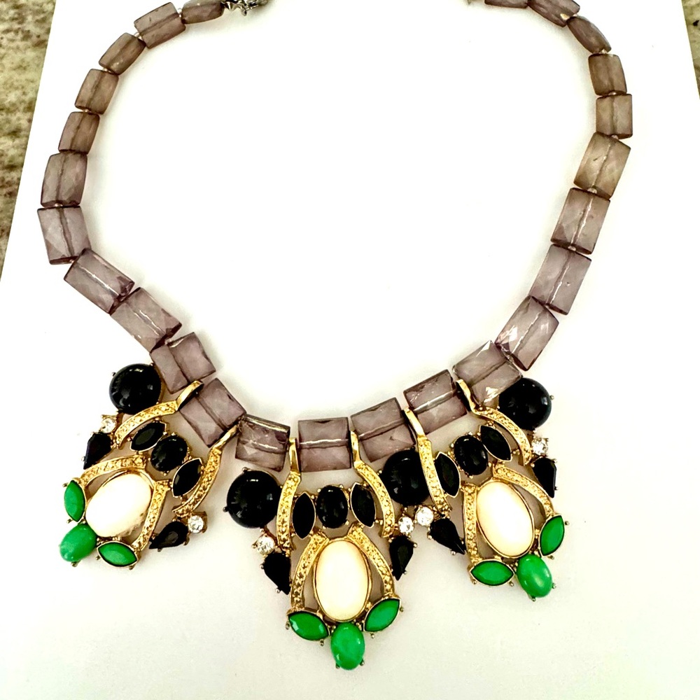 Statement Bib Necklace: Green, Black Ivory